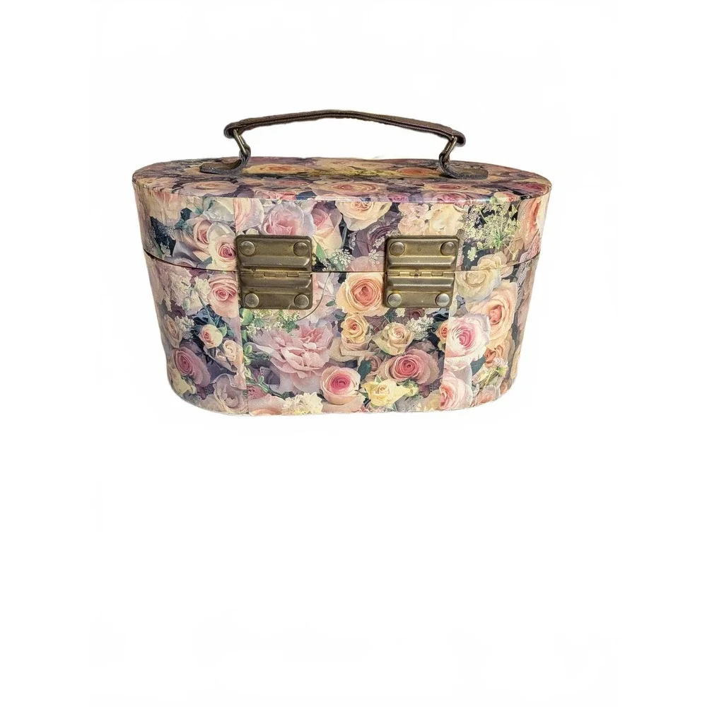 Vintage 90s Floral Decoupage Rose Print Storage Train Case Cottage Core